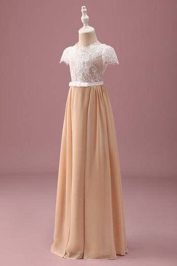 Robe de demoiselle d’honneur junior en dentelle Champagne A Line à manches courtes